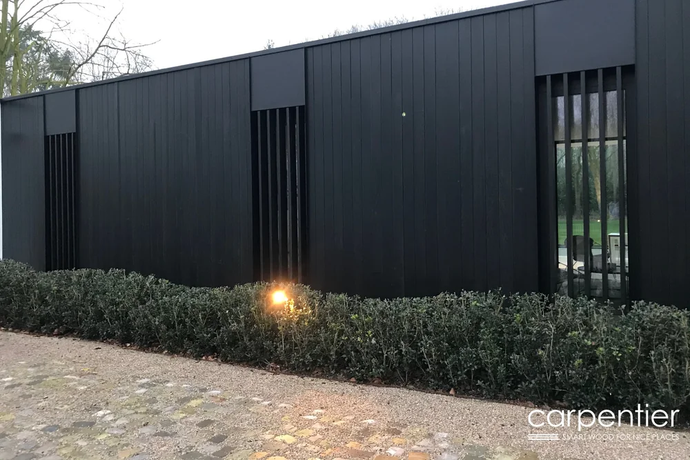 Modernes Gebäude mit durchgefärbt schwarzer Holzfassade, vertikale Lattung