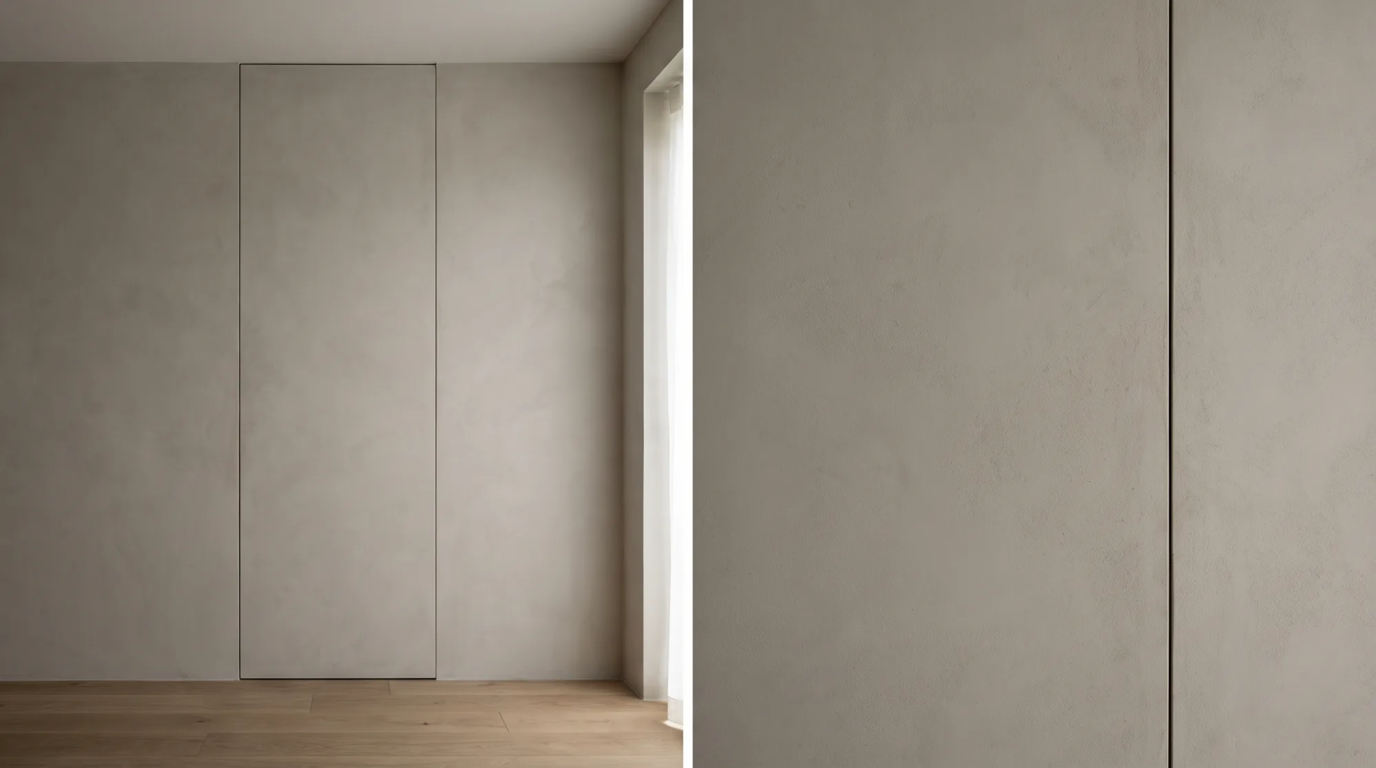 Wandbündige, rahmenlose Zimmertür in ruhiger, minimalistischer Wand
